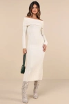 Glamorous Snuggly Aura Cream Ribbed Off-the-shoulder Sweater Maxi Dress In White