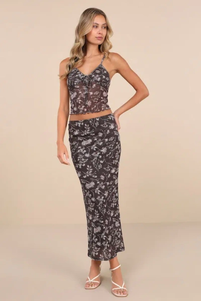 Glamorous Spectacularly Cute Dark Grey Floral Mesh Midi Skirt