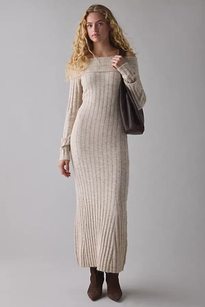 Glamorous Stone Marled Ribbed Knit Off-the-shoulder Maxi Dress In Cream, Women's At Urban Outfitters In Neutral