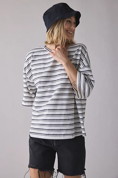 Glamorous Striped Oversized Boyfriend Tee In Navy, Women's At Urban Outfitters In White