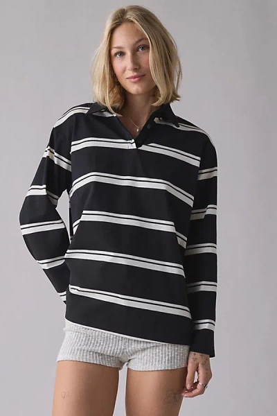Glamorous Striped Oversized Long Sleeve Rugby Top In Navy, Women's At Urban Outfitters In Black