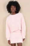 Glamorous Wintery Aura Light Pink Fuzzy Cable Knit Sweater Mini Skirt In Light Pink