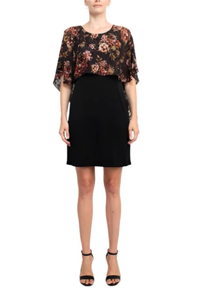 Glamour Nights Gvp180p Short Floral Print Cape Cocktail Dress In Black