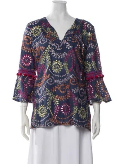 Pre-owned Glamourpuss Floral Print V-neck Tunic In Blue