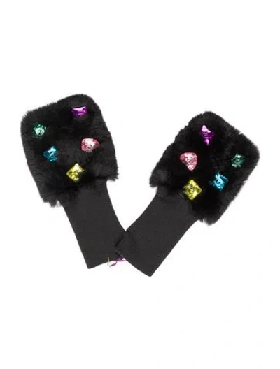 Pre-owned Glamourpuss Rabbit Fur Crystal Embellished Gloves W/tags In Black