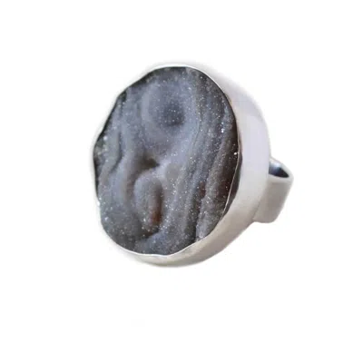 Glamrocks Jewelry Women's Raw Chalcedony Grey Druzy Sterling Silver Ring