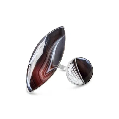 Glamrocks Jewelry Women's Silver / White / Pink Botswana Agate Double Stone Statement Ring
