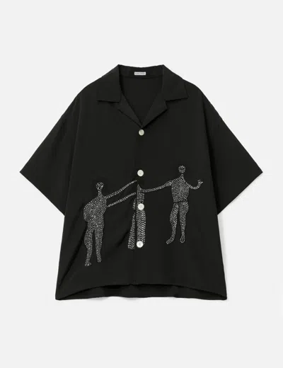 Glass Cypress Black Short Sleeve Dancing Woman Silk Shirt