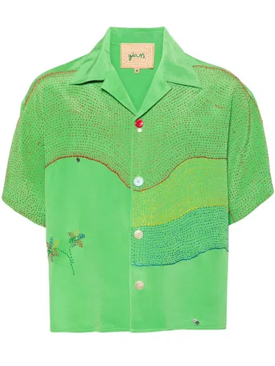 GLASS CYPRESS GREEN EMBROIDERED SILK SHIRT