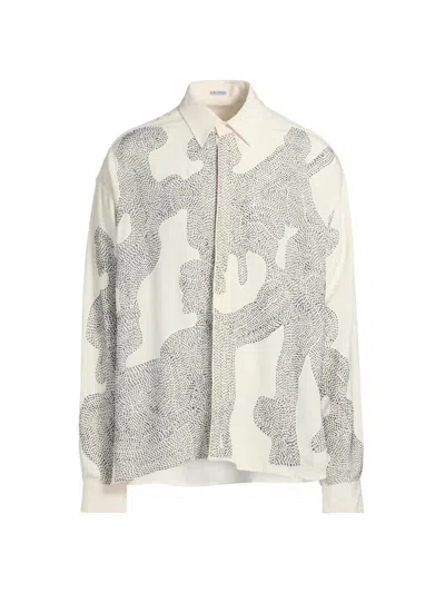 Glass Cypress Men's Embroidered Silk Button-front Shirt In Ivory
