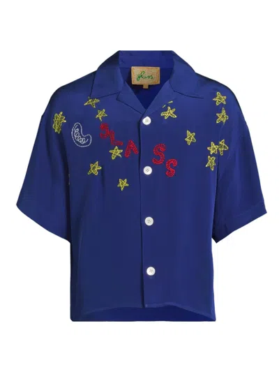 GLASS CYPRESS MEN'S NIGHTSKY-EMBROIDERED SILK CAMP SHIRT