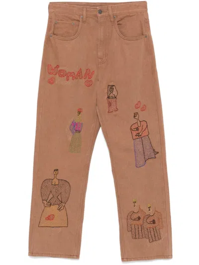 Glass Cypress Brown Woman-embroidered Jeans In Braun