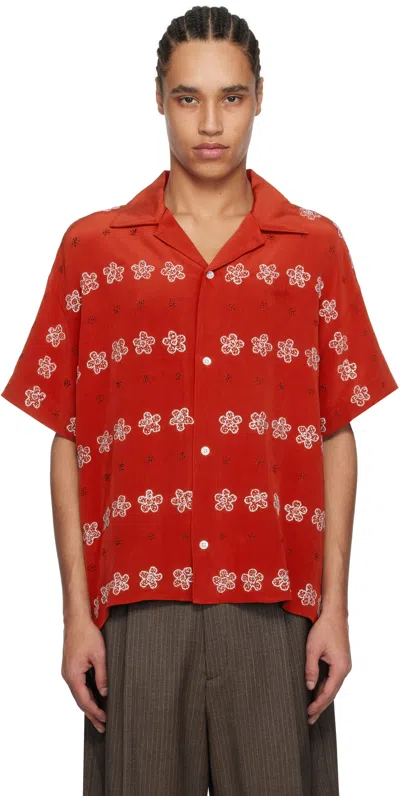 Glass Cypress Red Silk Flower Bowling Shirt