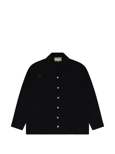 Glass Cypress Star-embroidered Long-sleeve Bowling Shirt In Black