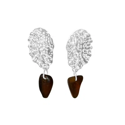 Glasstyk I/s Women's Sea Urchin Earrings Brown Sea Glass Steel