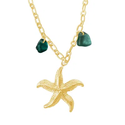 Glasstyk I/s Women's Starfish Necklace Blue Sea Glass Gold