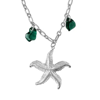 Glasstyk I/s Women's Starfish Necklace Blue Sea Glass Steel