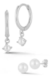 Glaze Jewelry 2mm And 8mm Cultured Pearl Hoop And Stud Earrings Set In Silver