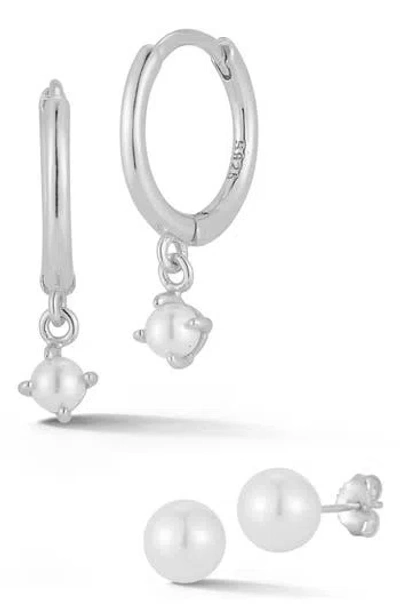 Glaze Jewelry 2mm And 8mm Cultured Pearl Hoop And Stud Earrings Set In Silver