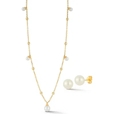 Glaze Jewelry 8mm Cultured Pearl Stud & 4–6.5mm Cultured Pearl Station Necklace Set In Gold