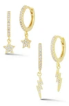 Glaze Jewelry Cz Dangle Huggie Hoop Earrings Set In Gold