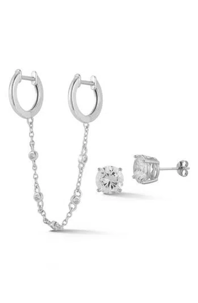 Glaze Jewelry Cz Double Huggie Chain & Stud Earrings Set In Silver