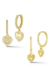 Glaze Jewelry Cz Heart Dangle Huggie Earrings Set In Gold