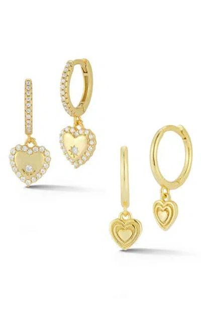 Glaze Jewelry Cz Heart Dangle Huggie Earrings Set In Gold