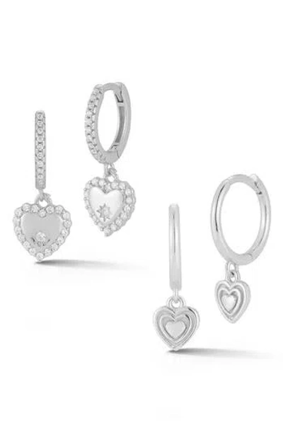 Glaze Jewelry Cz Heart Dangle Huggie Earrings Set In Silver
