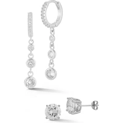 Glaze Jewelry Cz Huggie Chain Drop & Stud Earrings Set In Silver