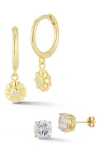 Glaze Jewelry Flower Dangle Huggie & Cz Stud Earrings Set In Gold