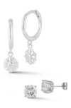 Glaze Jewelry Flower Dangle Huggie & Cz Stud Earrings Set In Metallic