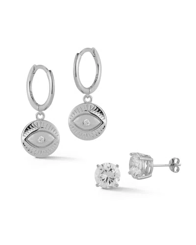 Glaze Jewelry Rhodium Plated Cz Set Of Evil Eye Huggie Earrings In Metallic