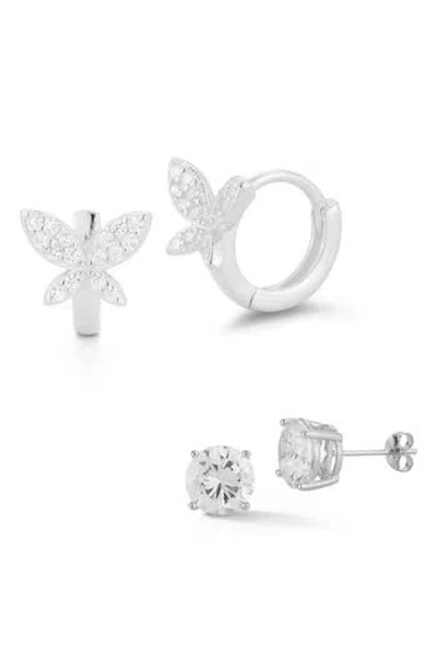 Glaze Jewelry Set Of 2 Cubic Zirconia Stud & Butterfly Hoop Earrings In Silver