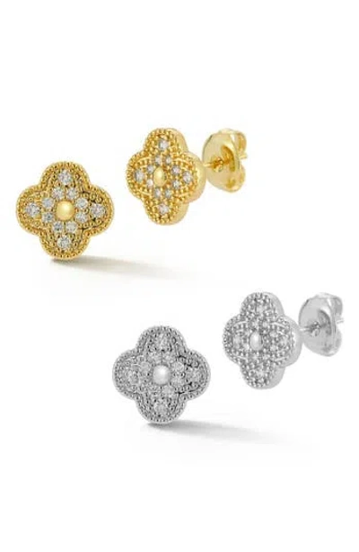 Glaze Jewelry Set Of 2 Two-tone Cubic Zirconia Clover Stud Earrings In Metallic