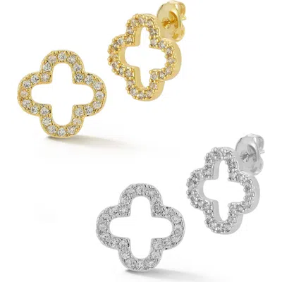 Glaze Jewelry Set Of 2 Two-tone Cubic Zirconia Open Clover Stud Earrings In Metallic