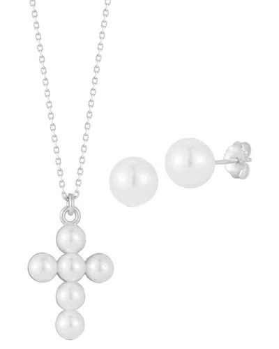 Glaze Jewelry Silver 5mm- 6mm Pearl Cross Necklace & Earrings Set