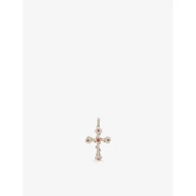 Gld Mens White Gold Ruby Iced Spiked Cross Rhodium-plated Pendant
