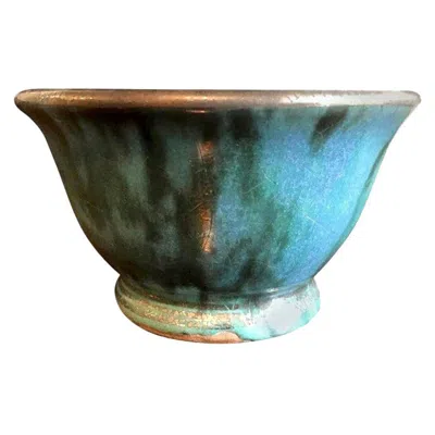 Pre-owned Glen Lukens Signed Midcentury Blue With Gold Crackle Glazed Ceramic Pottery Bowl