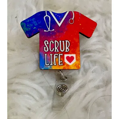 Glitter And Glue 4 You Medical Scrub Acrylic Reel Badge Holder In Colorful Scrub Top