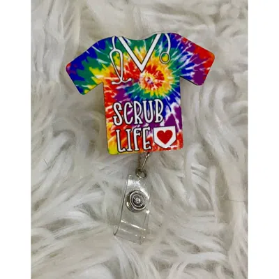 Glitter And Glue 4 You Medical Scrub Acrylic Reel Badge Holder In Tie Dye Scrub Top