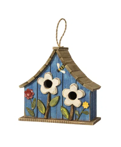 Glitzhome 10.5'' H Distressed Solid Wood Birdhouse With 3d Flowers In Blue