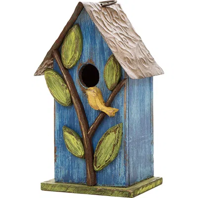 Glitzhome 10"h Multicolor Cute Distressed Solid Wood Birdhouse With 3d Flowers In Blue