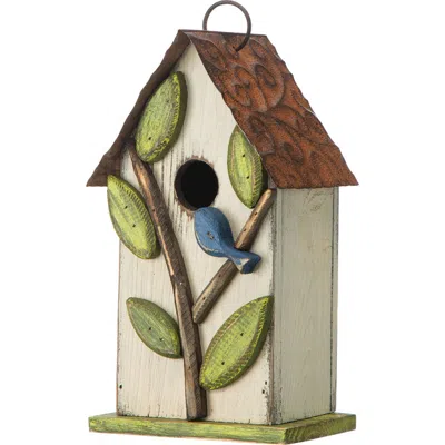 Glitzhome 10"h Multicolor Cute Distressed Solid Wood Birdhouse With 3d Flowers