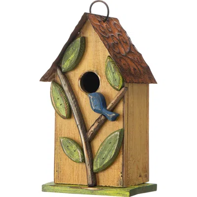 Glitzhome 10"h Multicolor Cute Distressed Solid Wood Birdhouse With 3d Flowers