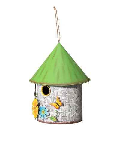 Glitzhome 11" H Stylish Distressed Metal Cottage Decorative Birdhouse With A Cluster Of 3d Flowers And Butterf In Multi