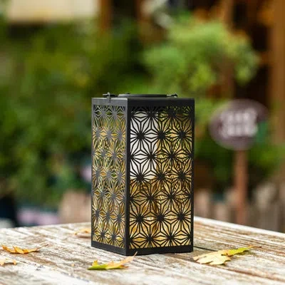 Glitzhome 11"h Black Metal Cutout Pattern Solar Powered Hanging Lantern With Led Light