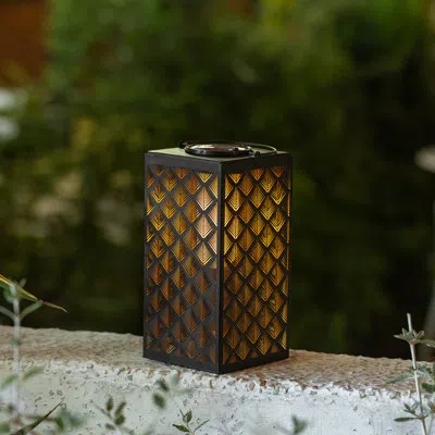 Glitzhome 11"h Black Square Textured Glass Pattern Solar Powered Hanging Lantern With Led Light