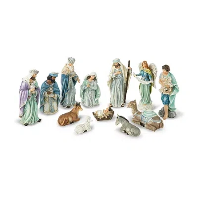 Glitzhome 12pcs Blue Resin Figurine Nativity Set In White
