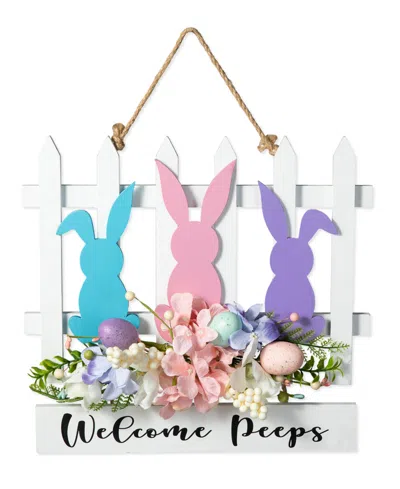 Glitzhome 14" L Easter Wooden Bunny Fence Door Hanger In Multi